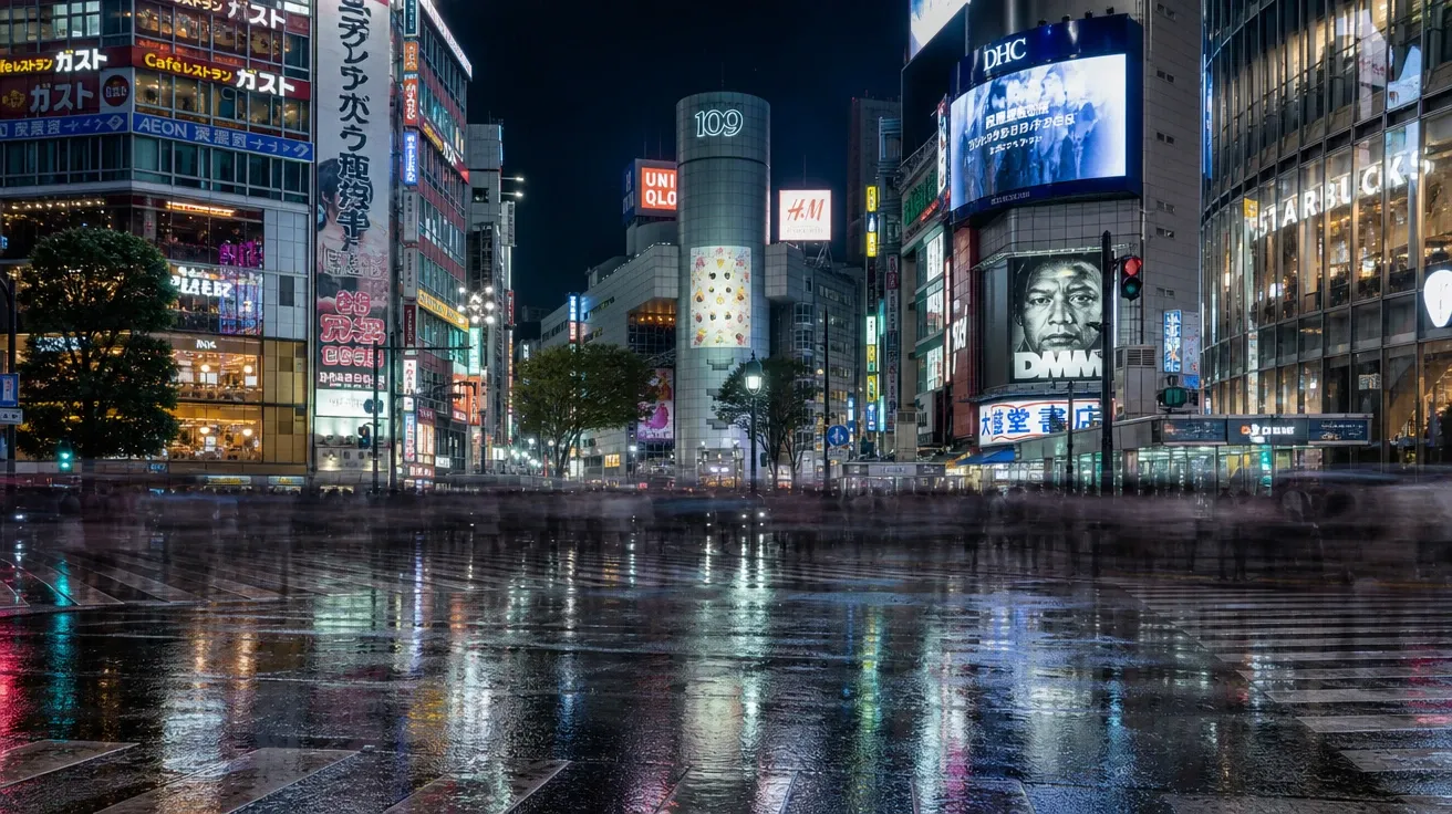 AI-generated long exposure photo: Tokyo Shibuya crossing in rain with pedestrian blur and neon