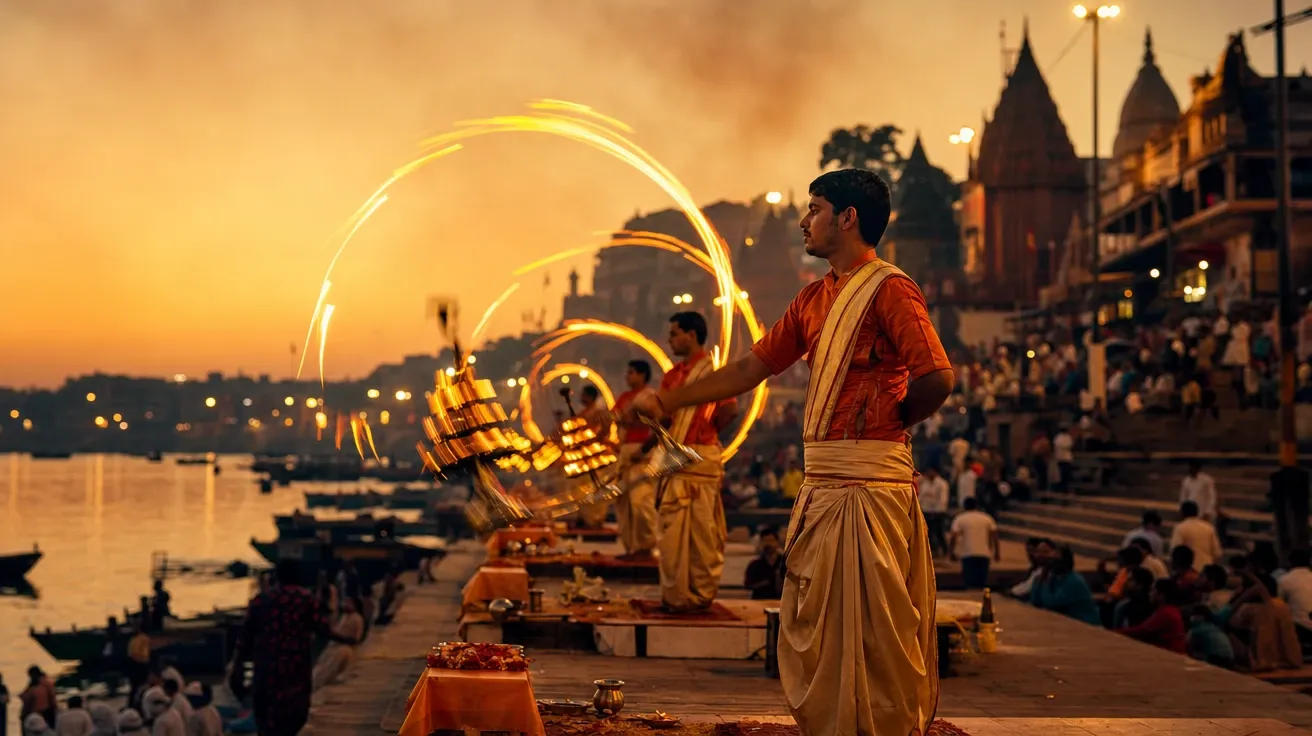 AI stock long exposure photo: Ganges aarti at Varanasi with lit lamps drawing arc trails at sunset