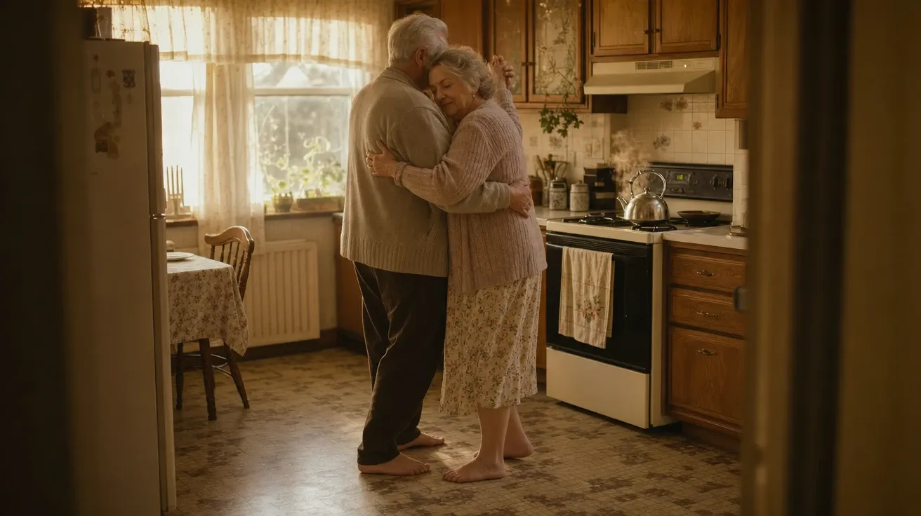Two grandparents slow-dancing in a sunlit kitchen at golden hour, AI-generated love stock photo.