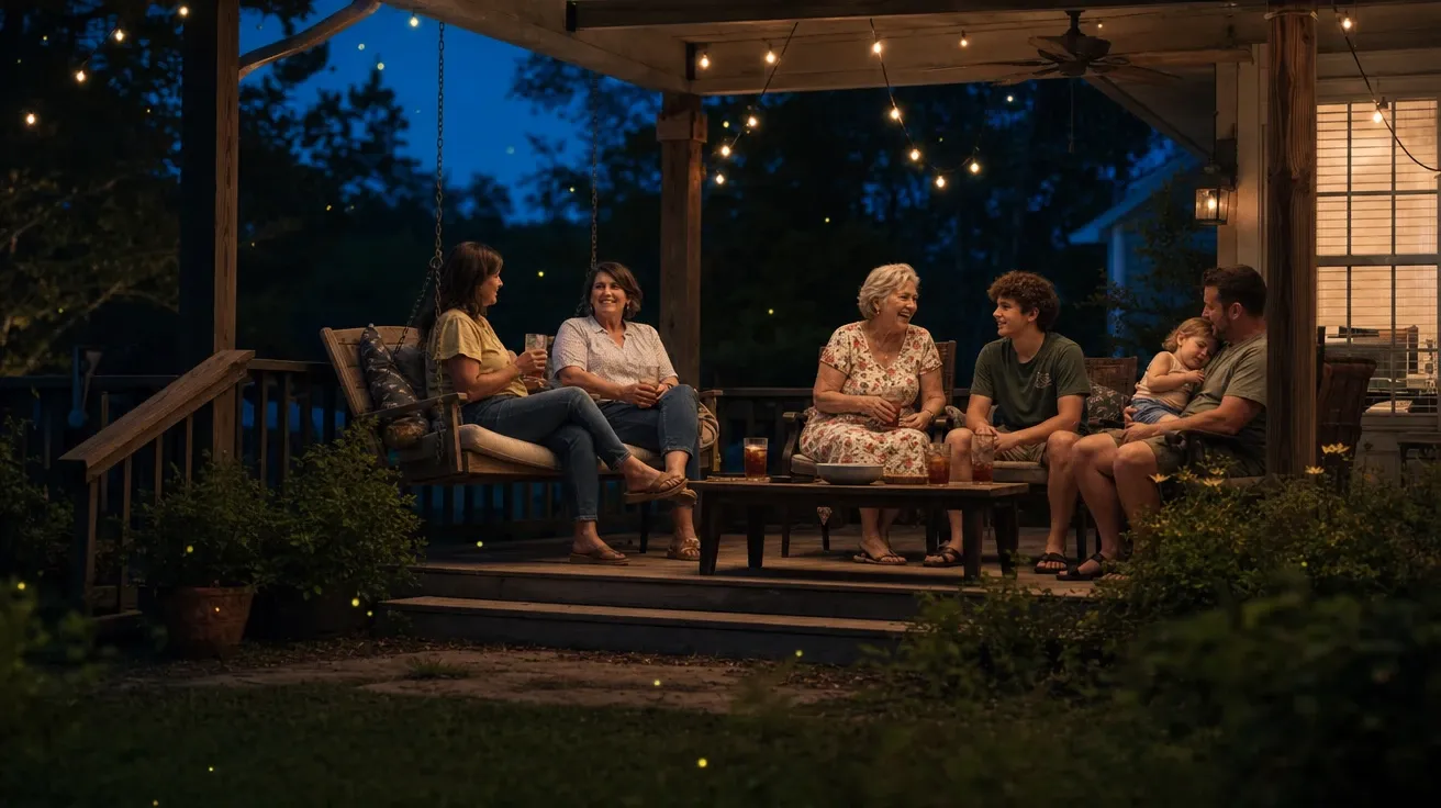 Multigenerational family on a wooden back porch at dusk with fairy lights, AI love stock image.