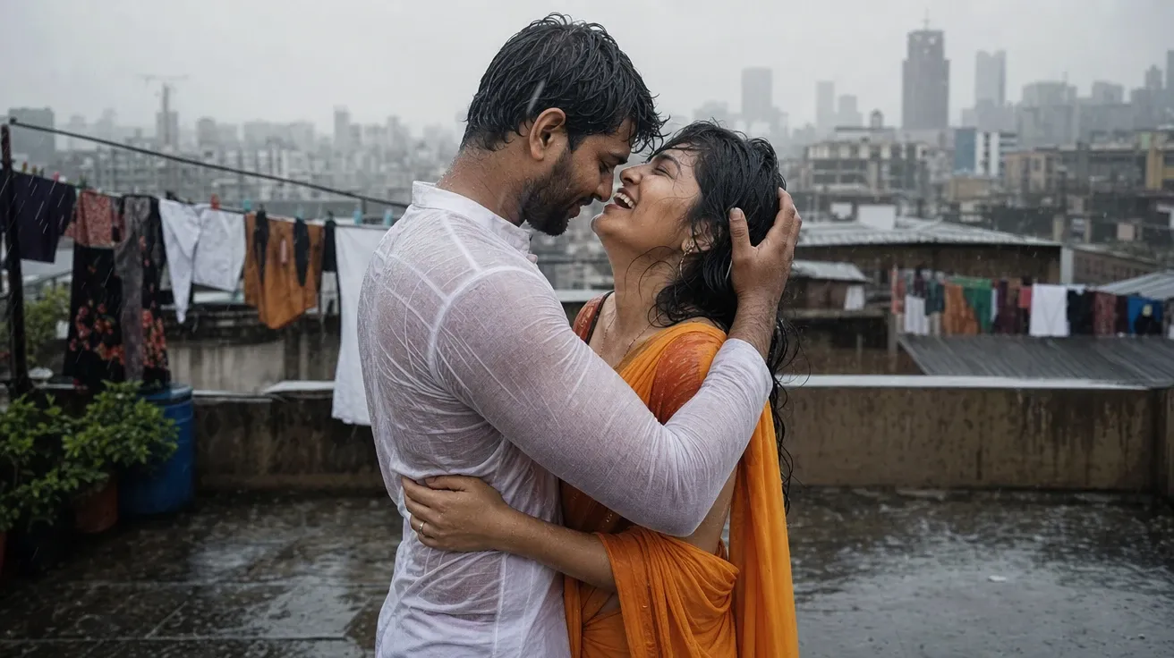 Indian couple embracing in monsoon rain on a Mumbai rooftop, AI love stock photo.