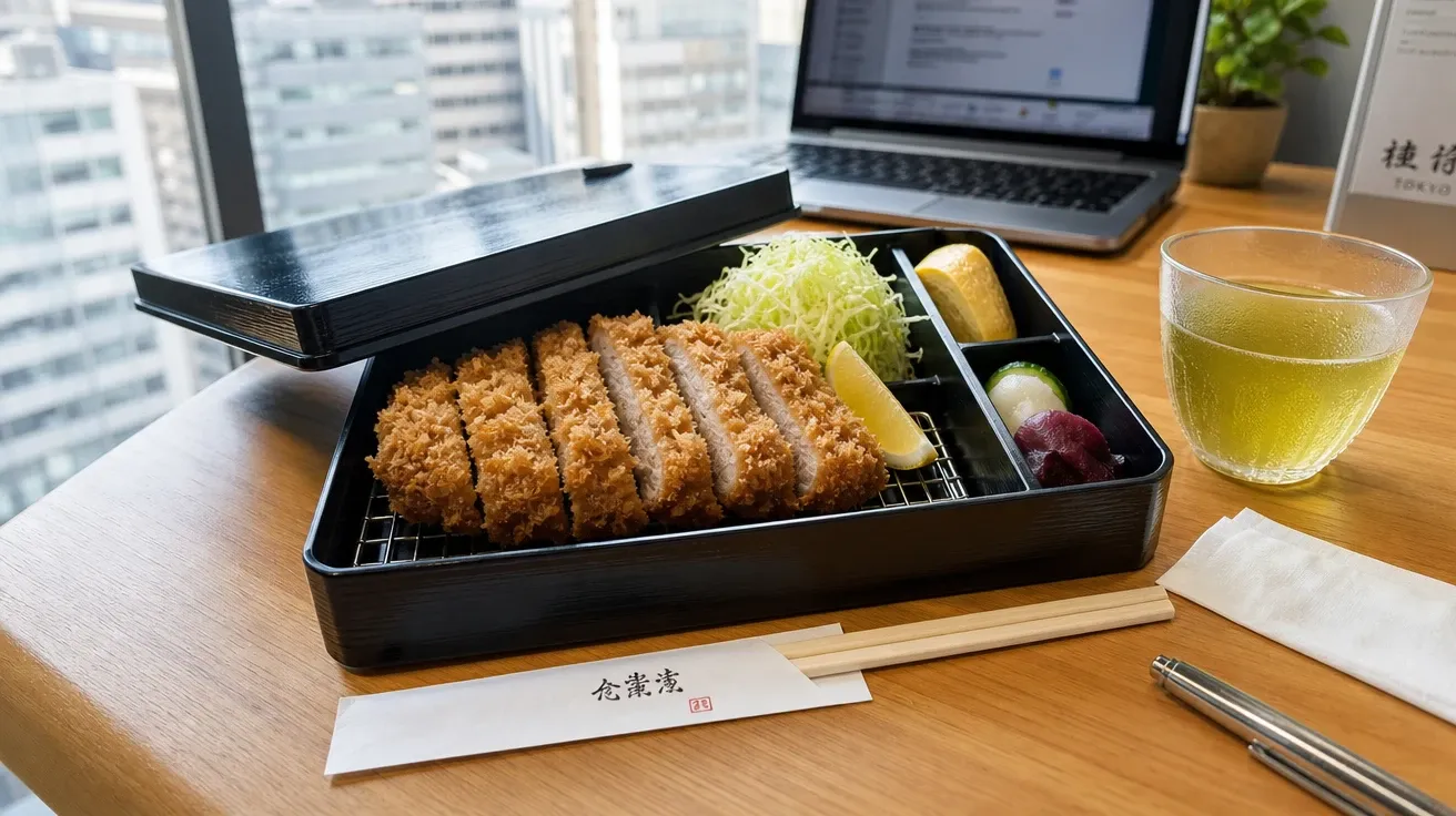 Japanese tonkatsu bento opened on a Tokyo office desk at noon, AI-generated lunch images stock photo.