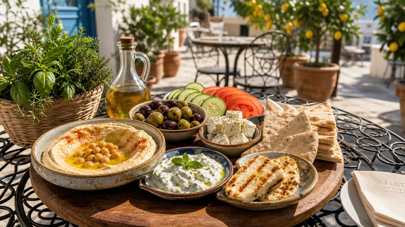 Mediterranean mezze platter shared on a sunlit café terrace at midday, AI-generated lunch images stock.