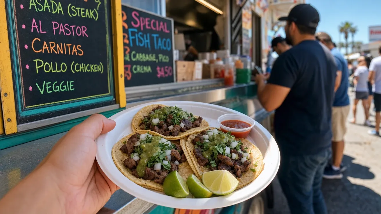Hand reaching for Mexican street tacos at a food truck counter at noon, AI-generated lunch images stock.