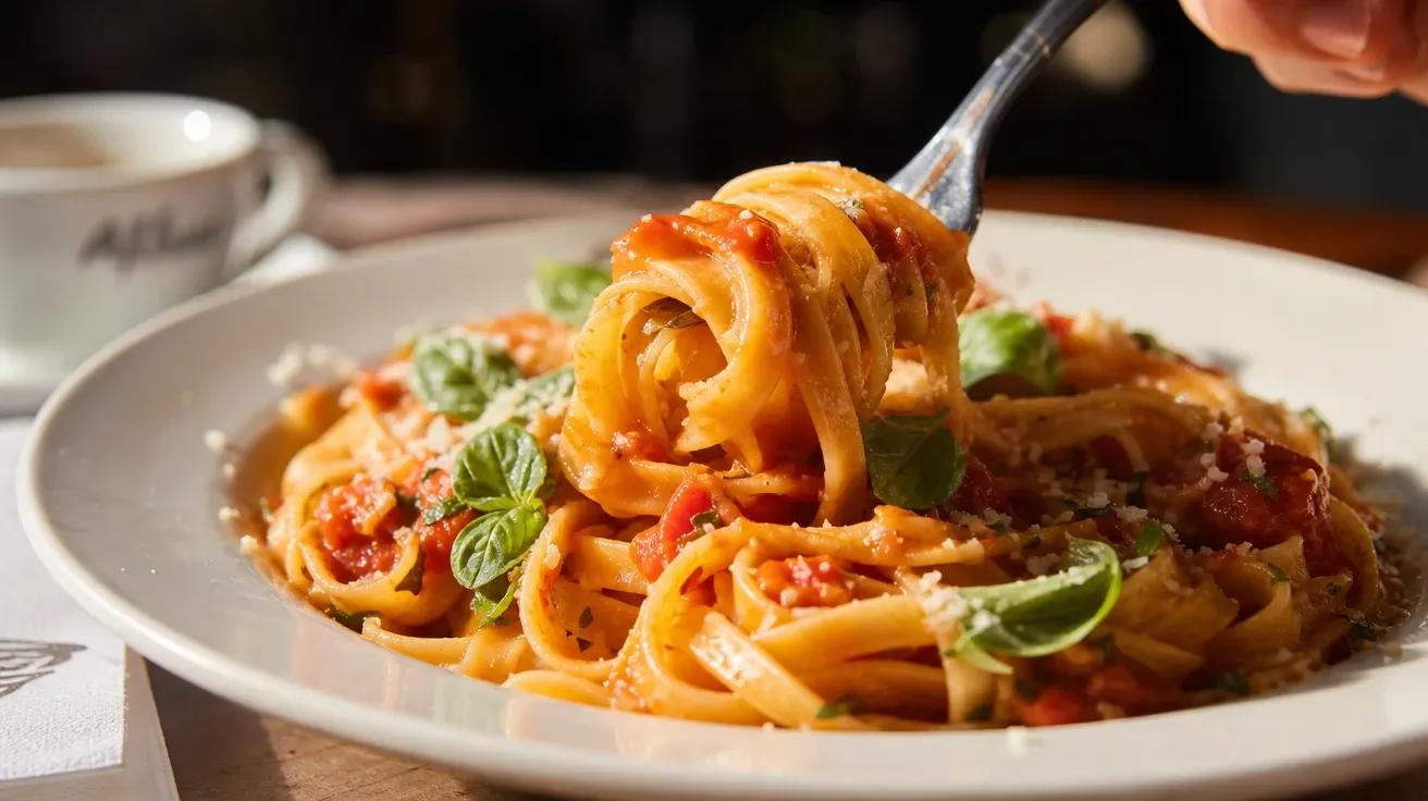 Fork twirling fresh tagliatelle with tomato sauce in a white pasta bowl, AI-generated lunch images stock.