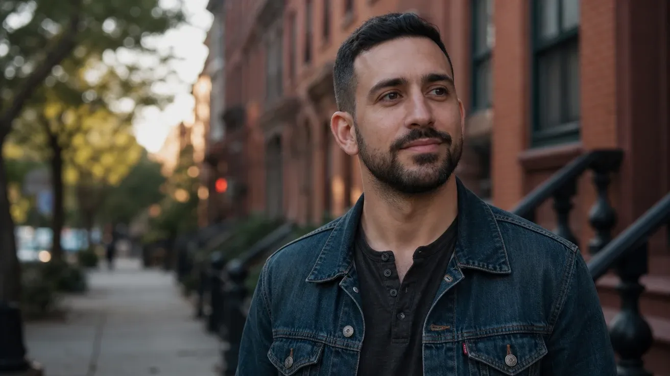 AI-generated man image: 30-year-old in denim jacket on a Brooklyn brownstone street at golden hour.