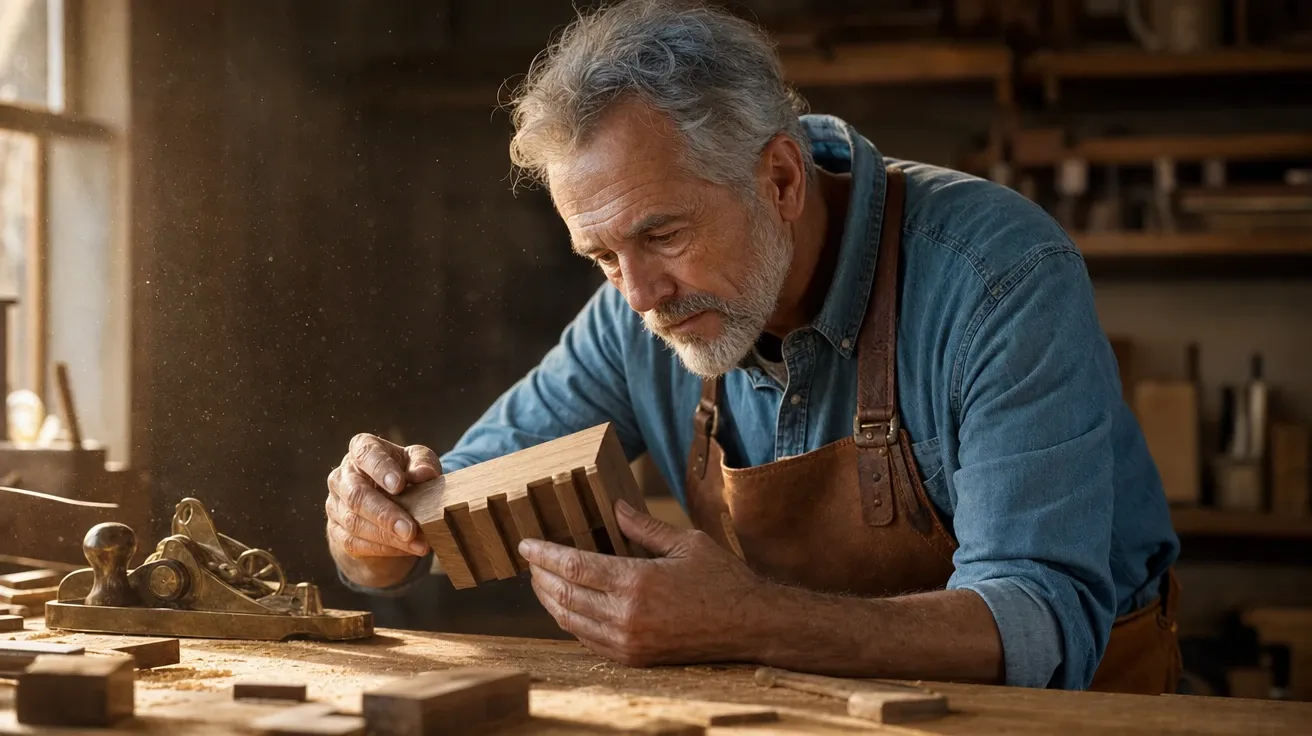 AI-generated man stock photo: 60-year-old craftsman in a leather apron at his workbench, window light.