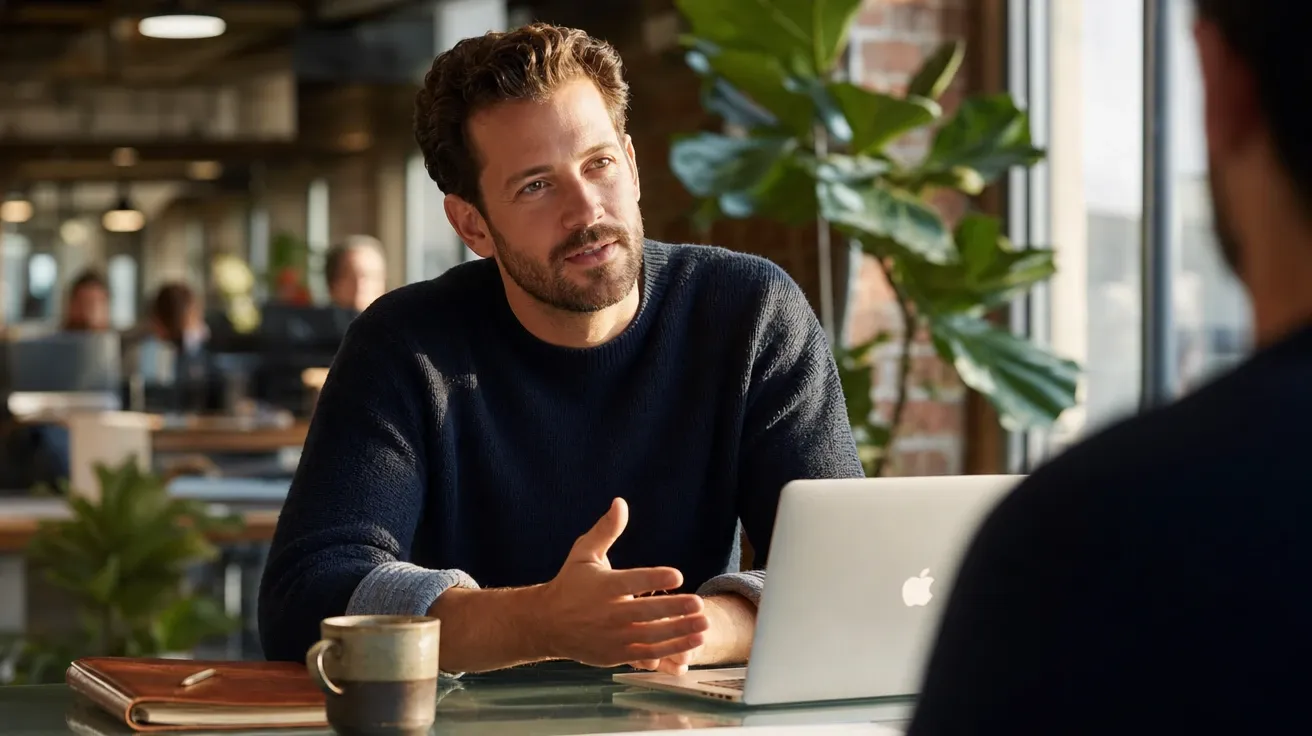 AI-generated man image: a founder at a startup desk in a navy sweater, morning side light.