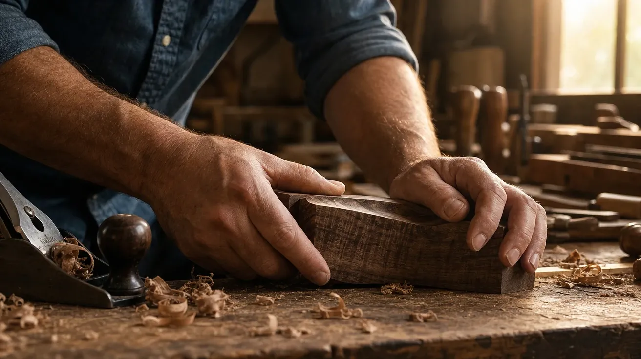 AI-generated man image: a craftsman's calloused hands shaping figured walnut on a workbench.
