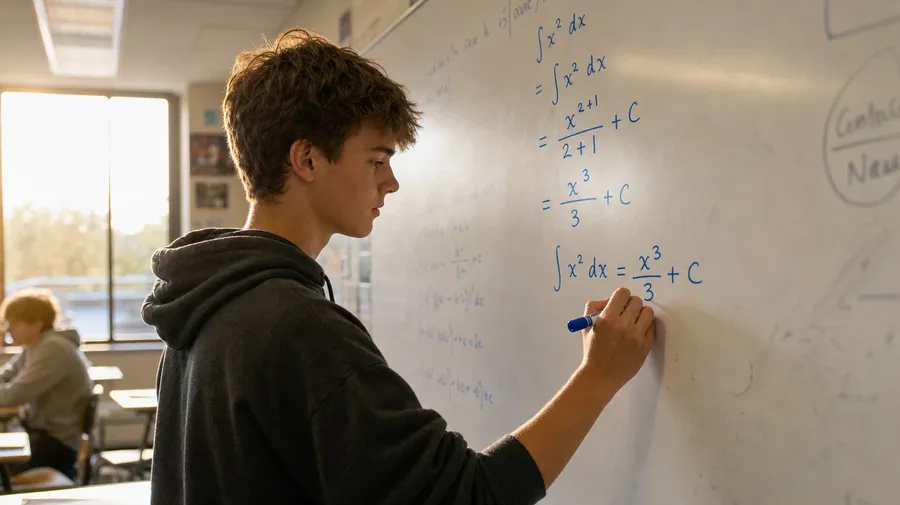AI-generated math stock image of a high-school student working a calculus integration on a classroom whiteboard.