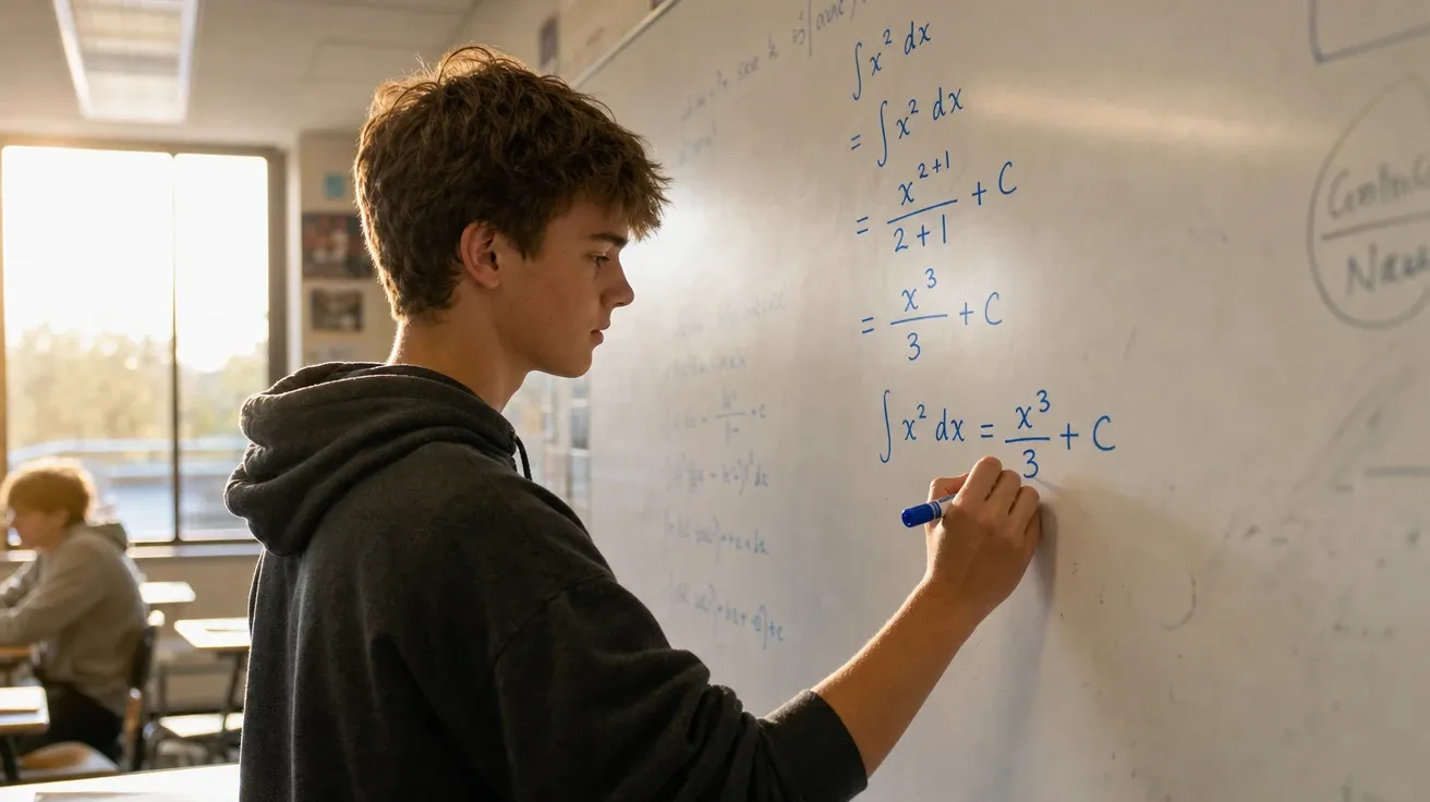 AI-generated math stock image of a high-school student working a calculus integration on a classroom whiteboard.