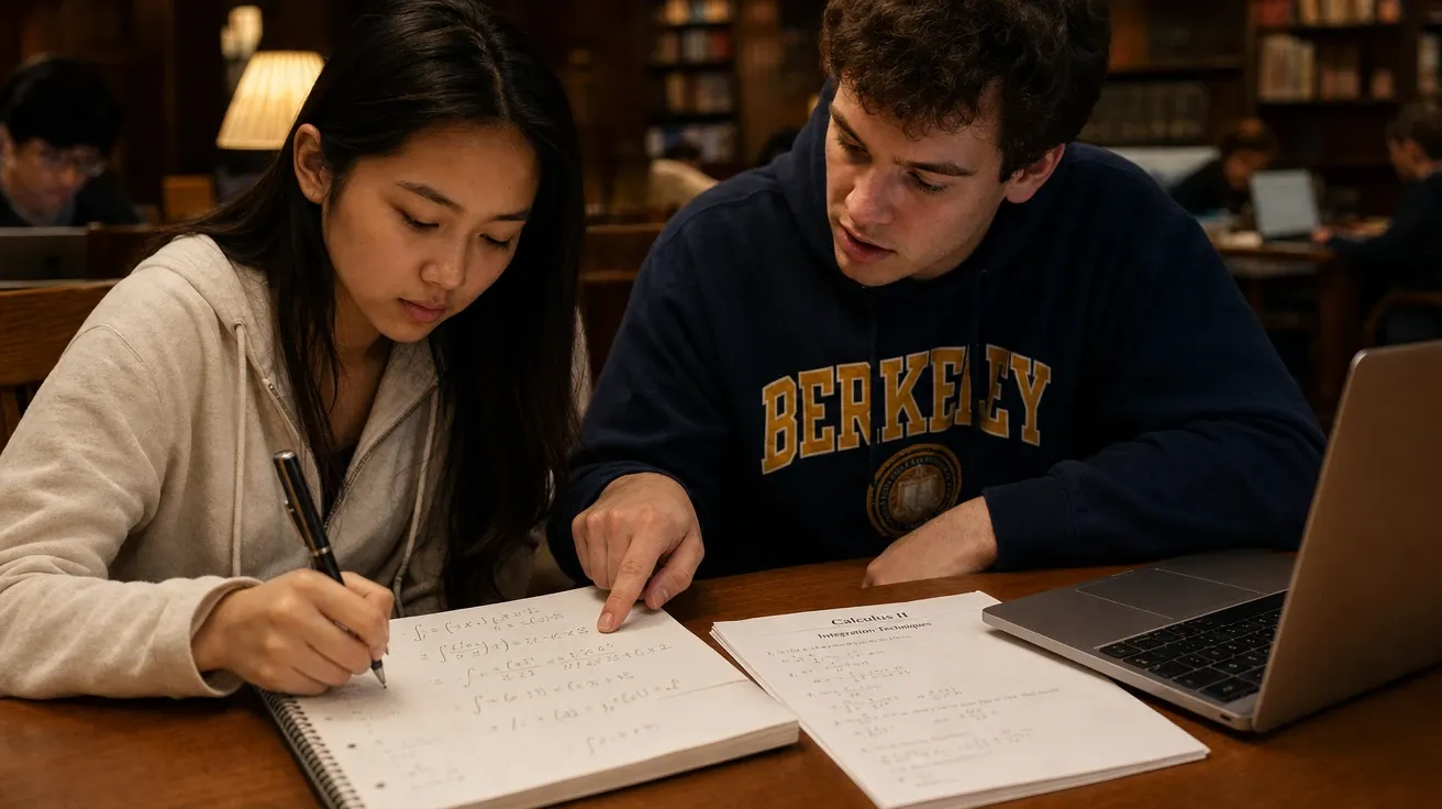 AI math stock image of two college students working through a calculus integral at a wooden library study table.