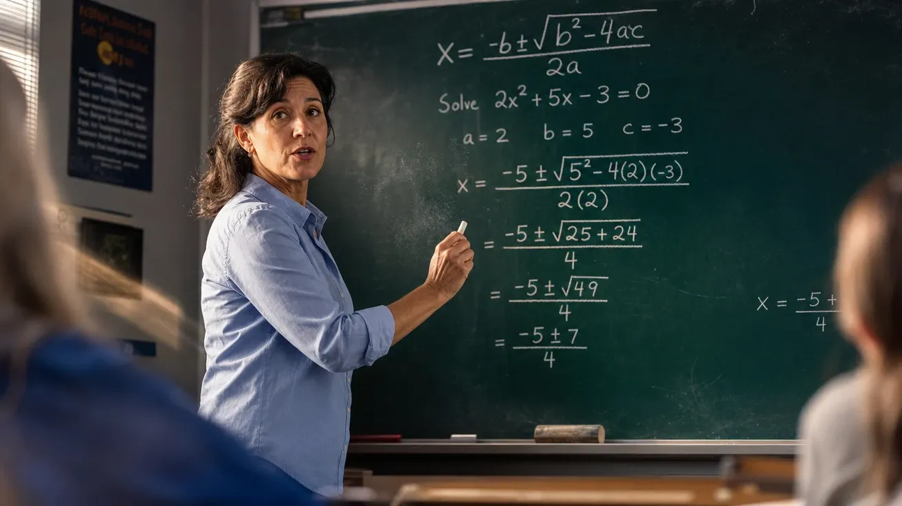 AI math stock photo of a teacher writing a worked-out solution to the quadratic formula on a green chalkboard.