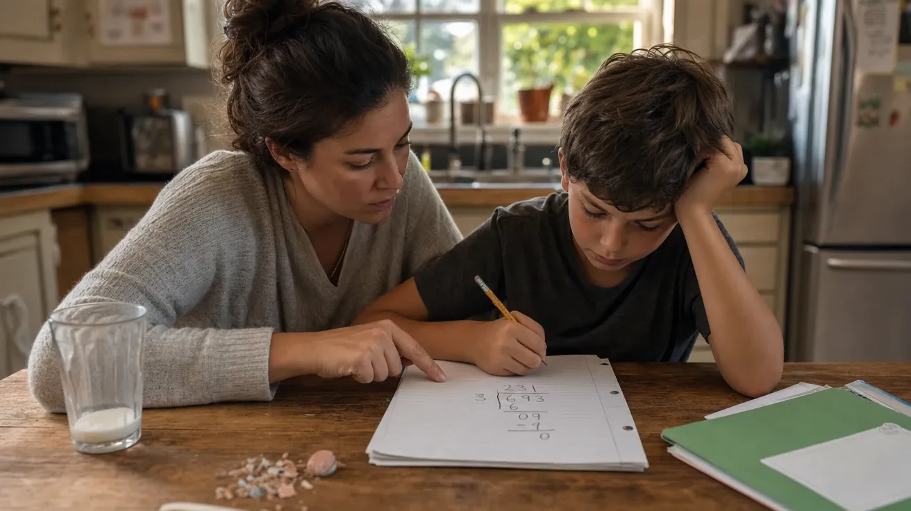 AI math stock photo of a parent walking a child through a long-division problem in pencil at a kitchen table.