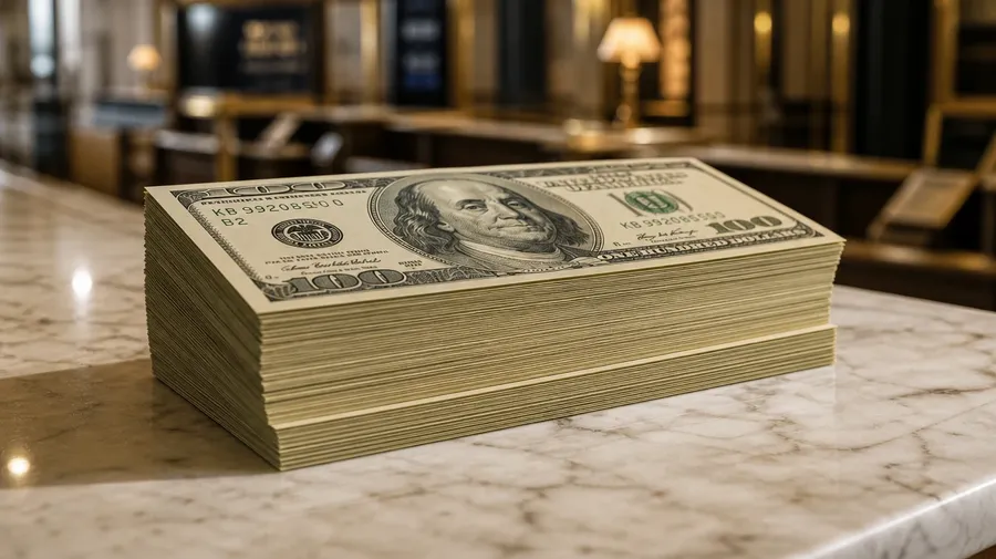 AI-generated money picture: stack of crisp banknotes on a polished Carrara marble counter in warm light.