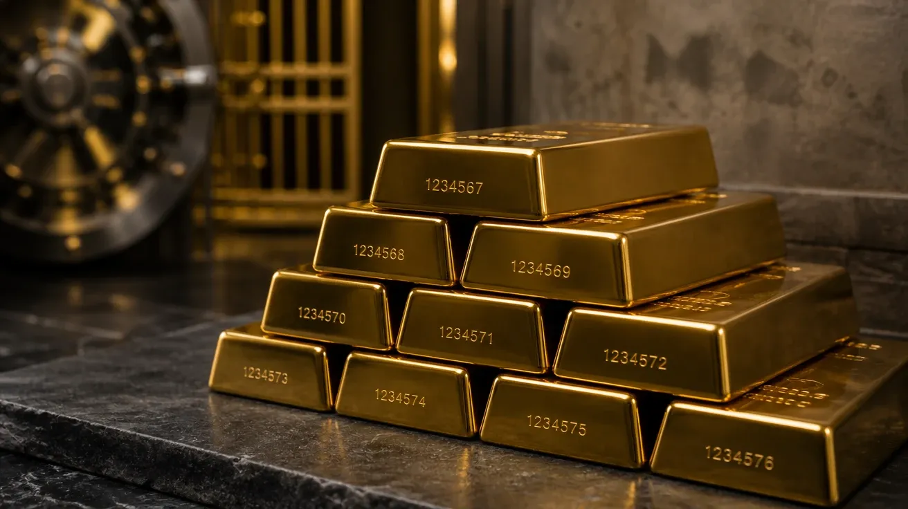 AI-generated money picture: pyramid stack of polished gold bullion bars on a dark slate vault surface.