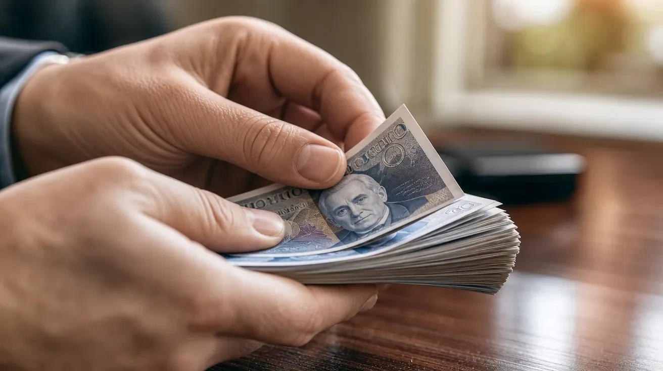 AI-generated money picture: a hand mid-count fanning through a stack of crisp banknotes on a wood desk.