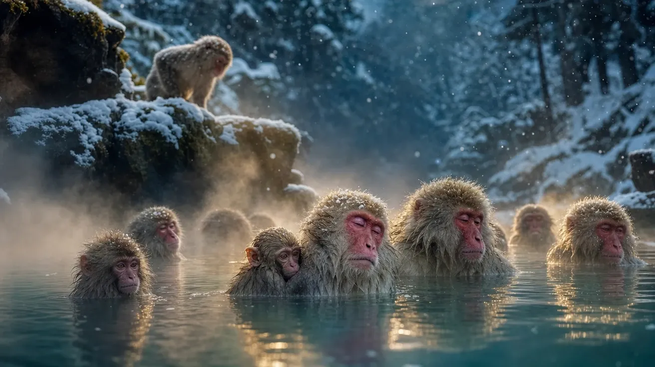 Japanese snow macaques bathing in steaming hot spring at twilight in falling snow, AI-generated stock monkey image.