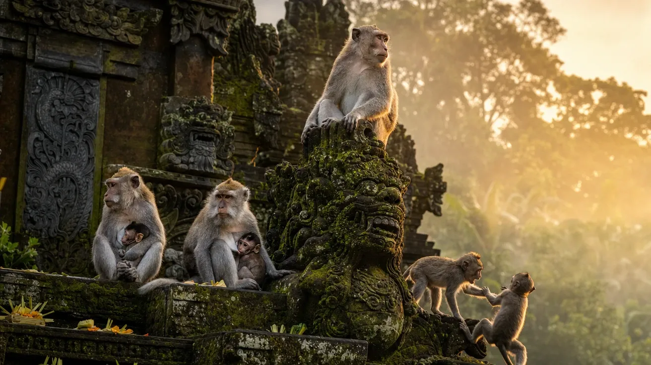 Rhesus macaque troop on stone temple gate at Balinese Hindu shrine at dawn, AI-generated stock monkey image.