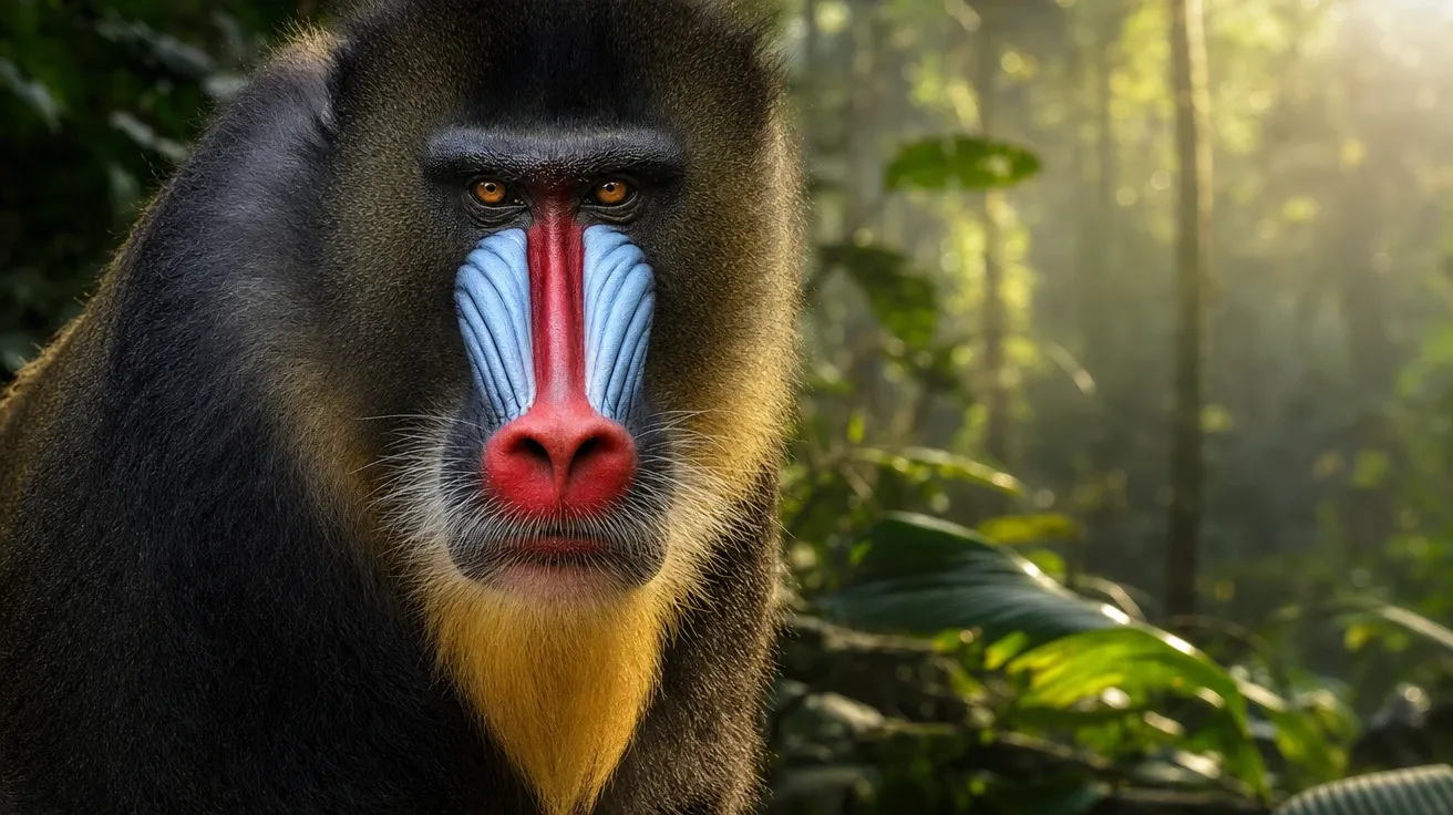Adult male mandrill close-up portrait with multicolored face in Gabon rainforest, AI-generated stock monkey image.