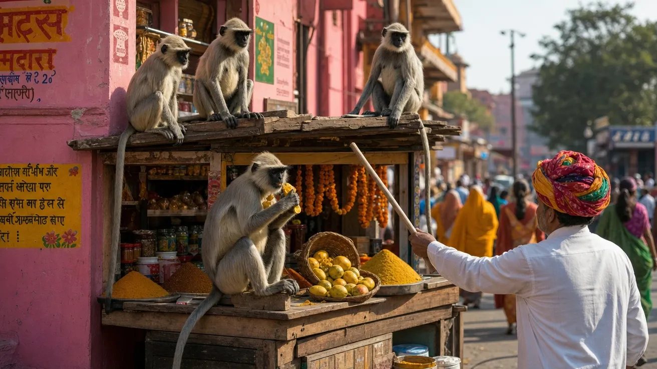 Hanuman langurs raiding Jaipur market stall at midday with stall-keeper, AI-generated stock monkey image.