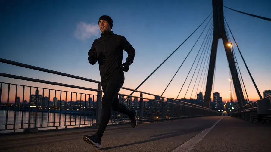 AI-generated solo runner at 5am crossing an empty pedestrian bridge with visible breath in cold pre-dawn air.