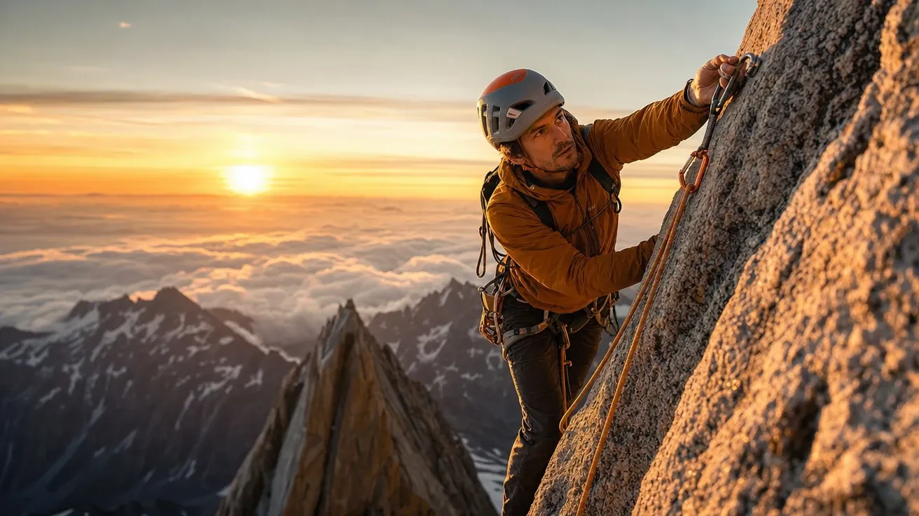AI stock motivational image of an alpine climber clipping the last bolt high on a sunrise granite ridge.