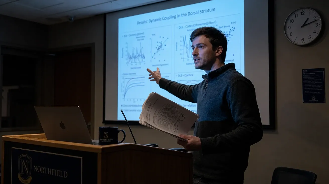 AI-generated graduate student at 2am rehearsing a thesis defense aloud to an empty seminar room with a slide on screen.