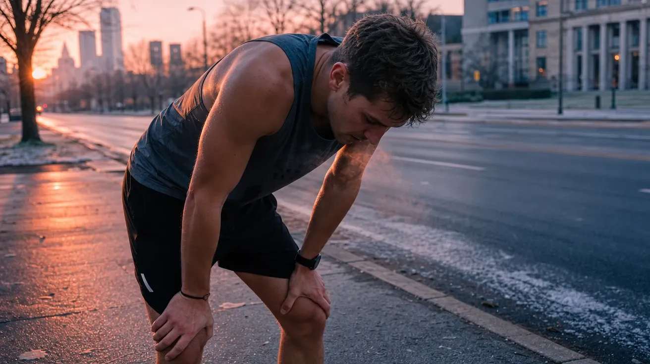 AI-generated runner doubled-over on a curb after sprints at sunrise with visible breath in cold air.