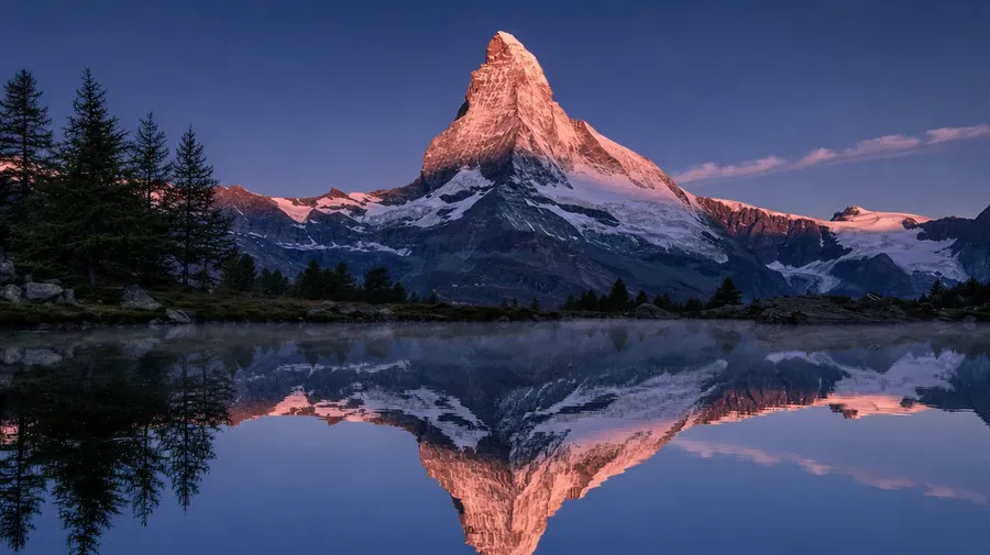 Matterhorn at dawn alpenglow reflected in an alpine tarn — AI-generated mountain stock image.