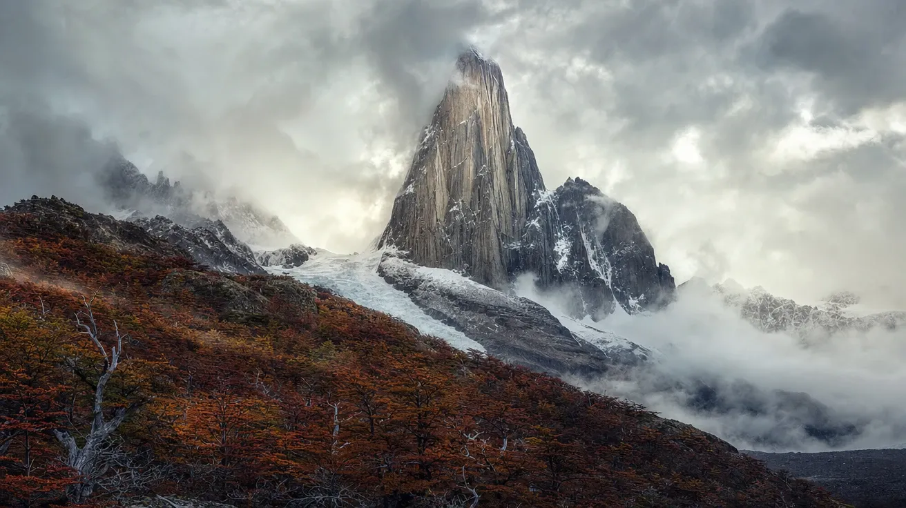 Patagonia granite spire in storm light with mist breaking around the summit — AI-generated mountain image.