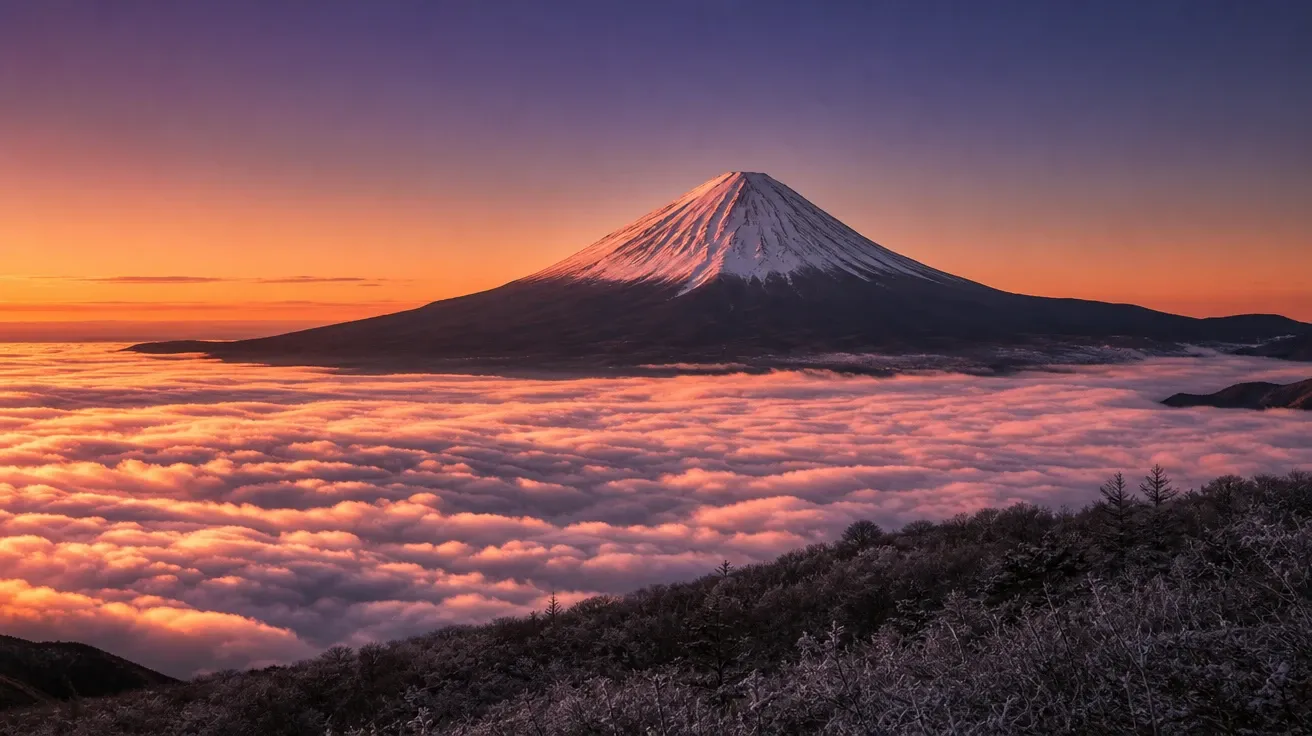 Mount Fuji silhouetted at sunrise above a sea of cloud — AI-generated mountain image.