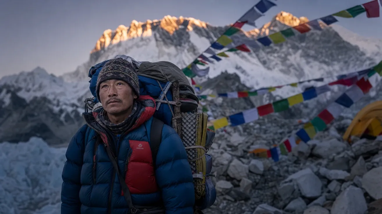 Sherpa porter at Everest base camp at dawn with prayer flags and expedition gear — AI-generated mountain image.