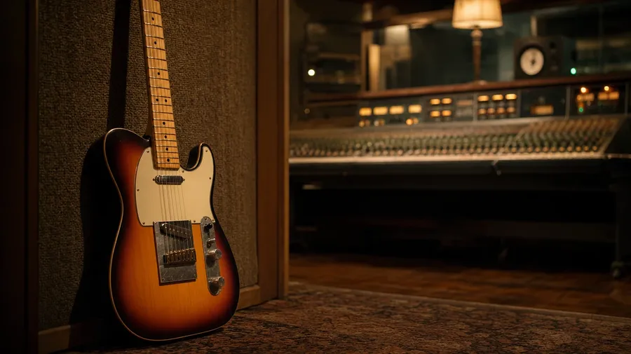 Sunburst Fender Telecaster propped against a vocal booth wall in a warm recording studio. AI music stock photo.