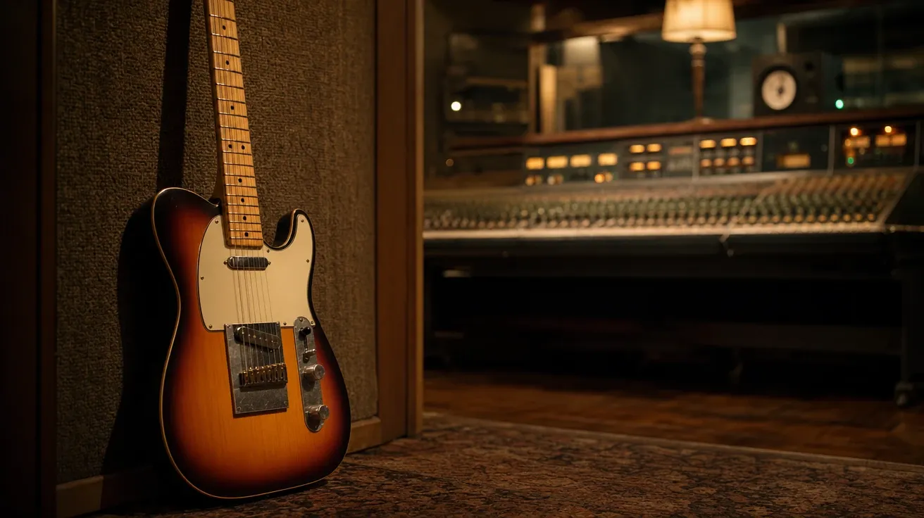 Sunburst Fender Telecaster propped against a vocal booth wall in a warm recording studio. AI music stock photo.