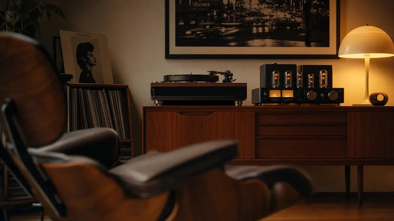 Quiet vinyl listening room with a turntable on a teak credenza and a glowing tube amplifier. AI music stock.