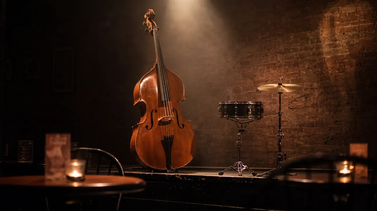 Stand-up double bass and brushed snare on a small smoky jazz-club stage under a warm spotlight. AI music stock.