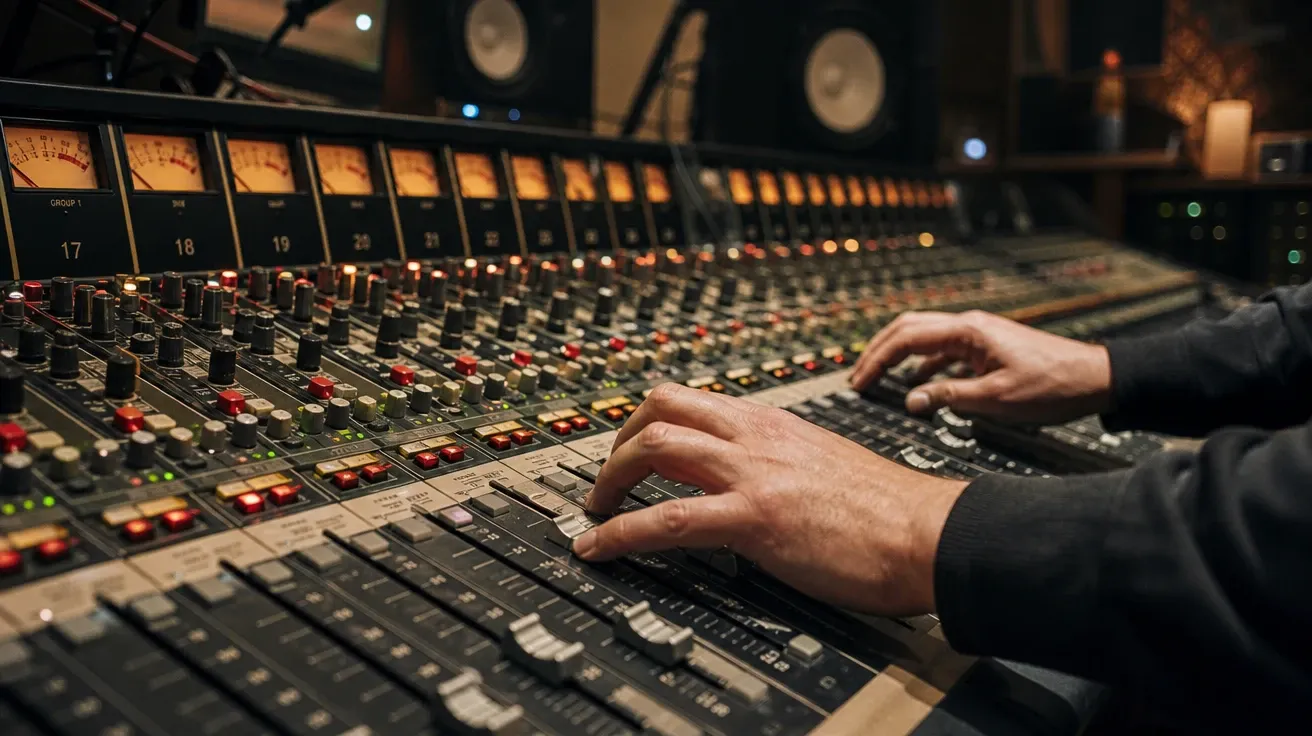 Sound engineer's hands working faders mid-push on a large analog mixing console. AI music stock photo.