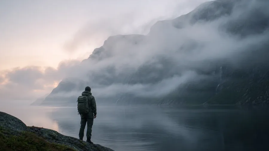 AI stock negative space photography: lone hiker at the edge of a Norwegian fjord at dawn