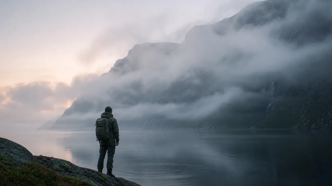 AI stock negative space photography: lone hiker at the edge of a Norwegian fjord at dawn