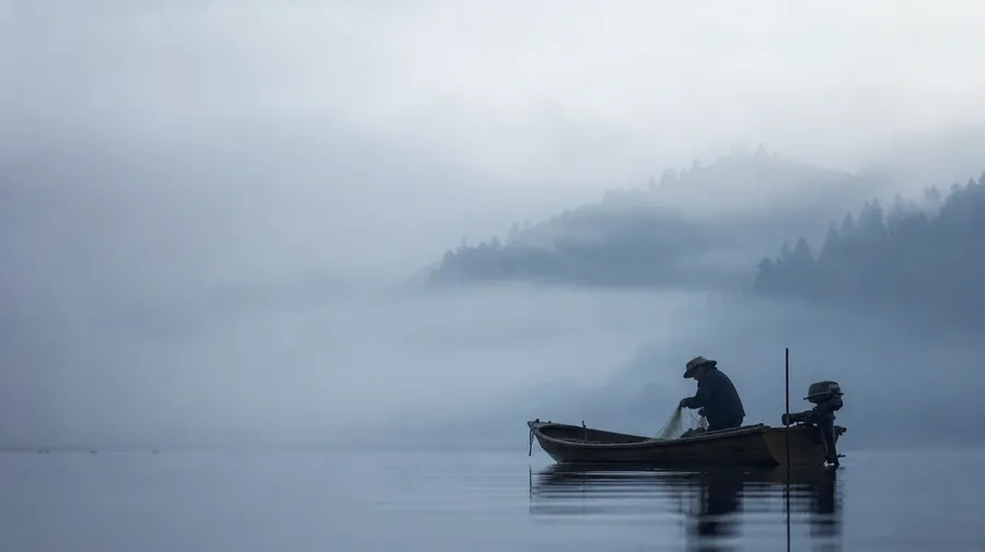 AI stock negative space photography: small fishing boat on a misty Japanese lake at dawn