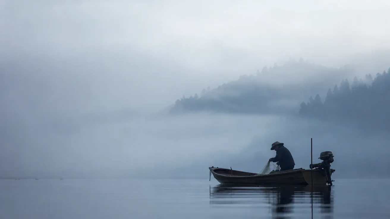 AI stock negative space photography: small fishing boat on a misty Japanese lake at dawn