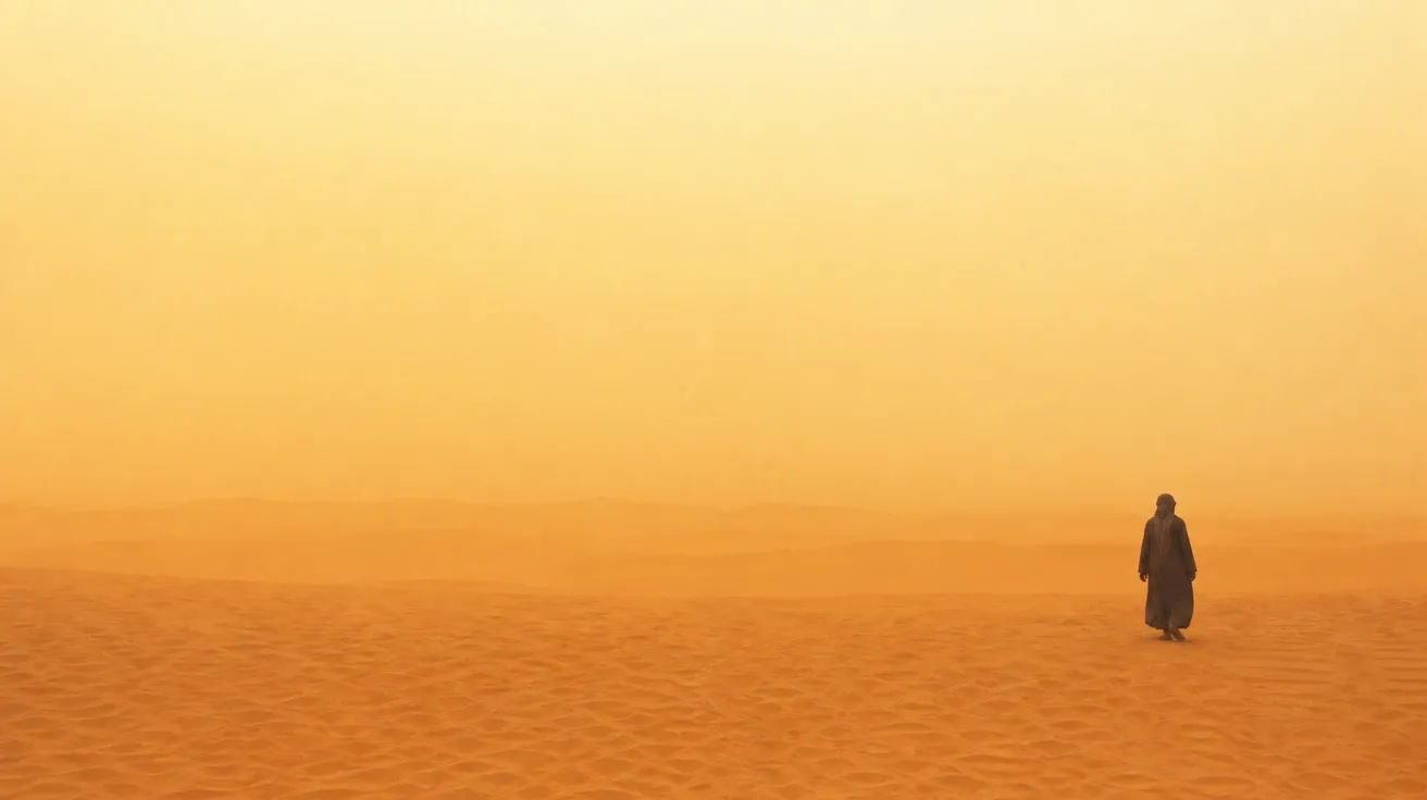 AI-generated negative space photo: figure on a Sahara dune at noon with suspended dust gradient