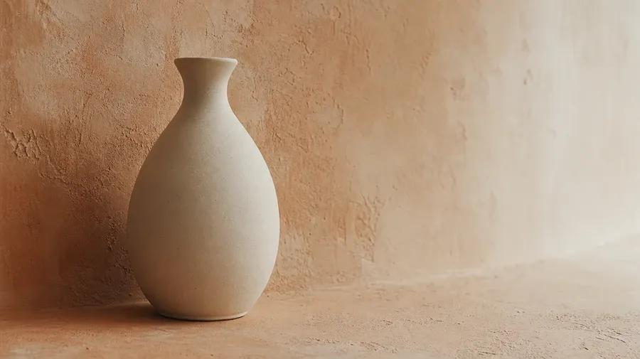 AI-generated negative space photo: ceramic vase on warm peach plaster wall, brand-coordinated
