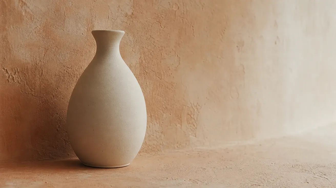 AI-generated negative space photo: ceramic vase on warm peach plaster wall, brand-coordinated