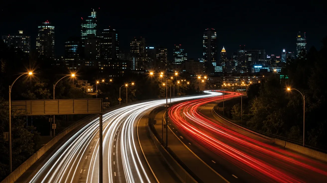 AI night photography image of long-exposure car light trails on a curving city highway at midnight.