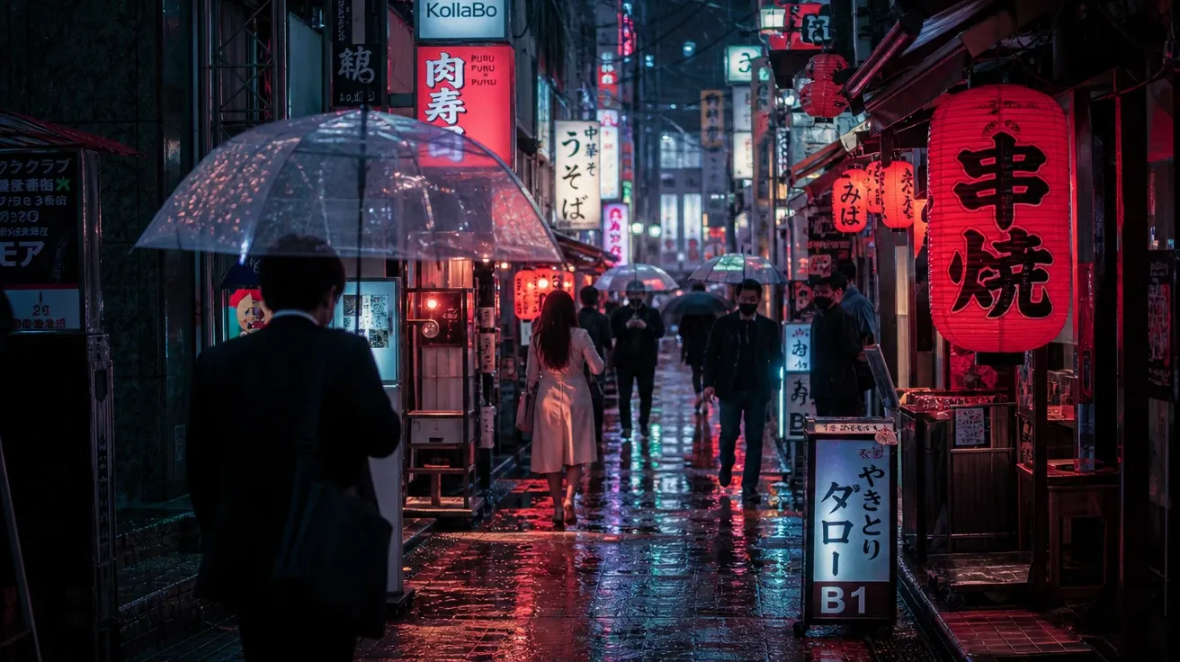 AI night photography image of a Tokyo Shinjuku neon alley at night with red lanterns and signage in rain.