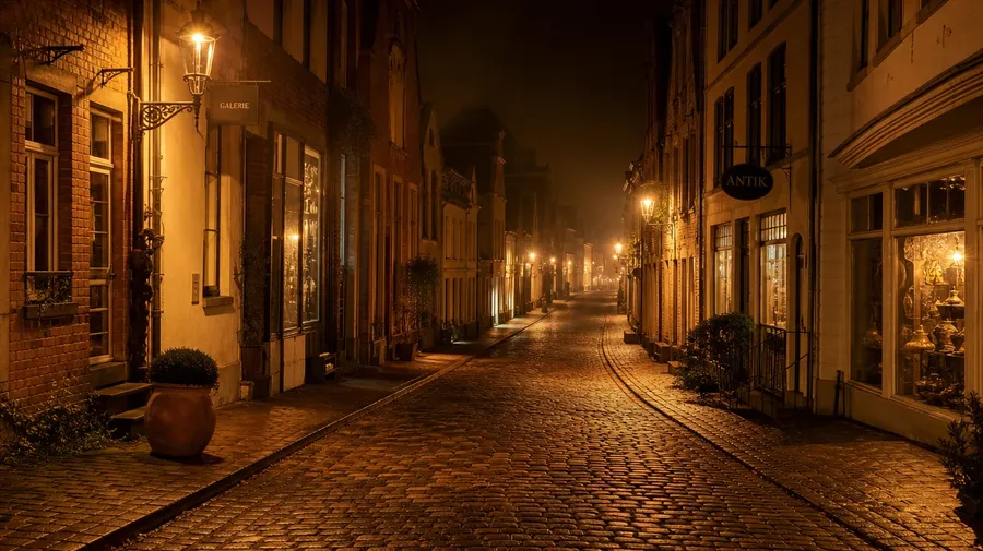 AI-generated night photography of a European old-town street under sodium-orange streetlamps in fog.