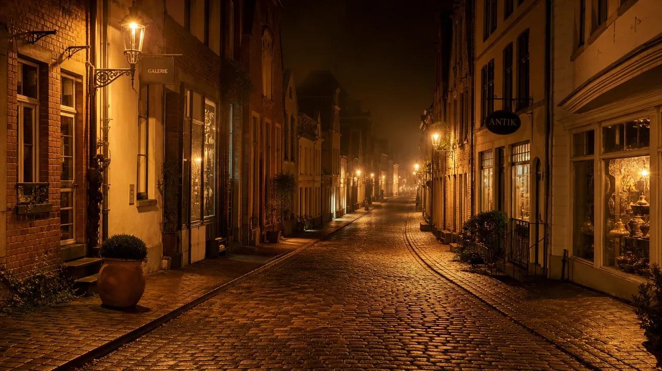 AI-generated night photography of a European old-town street under sodium-orange streetlamps in fog.