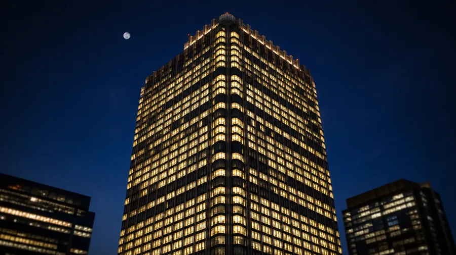 AI-generated night photography of a lit office tower at blue hour with every floor of windows glowing.